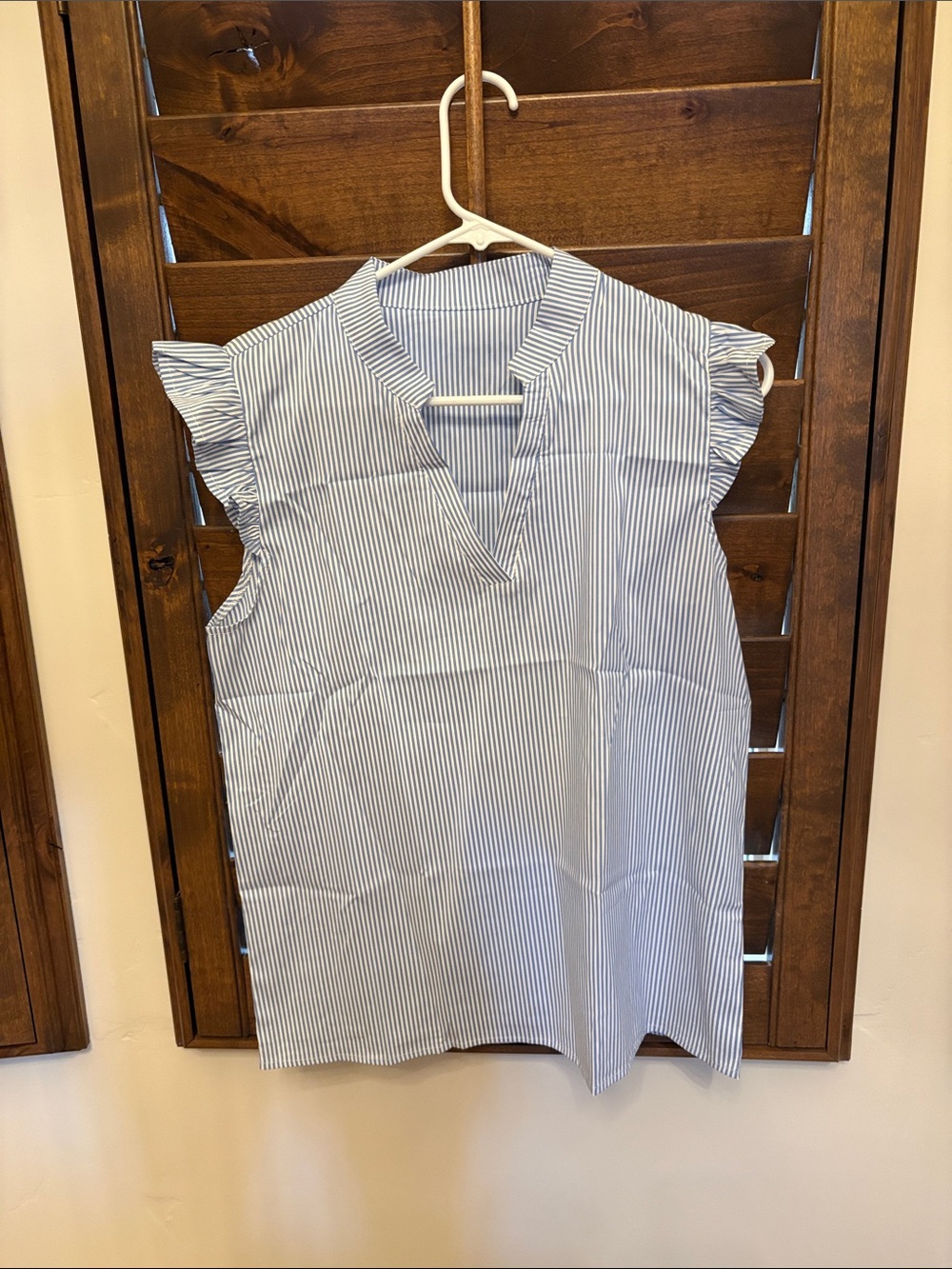 Sleeveless Blue-White Stripe Ruffle Shoulder Top